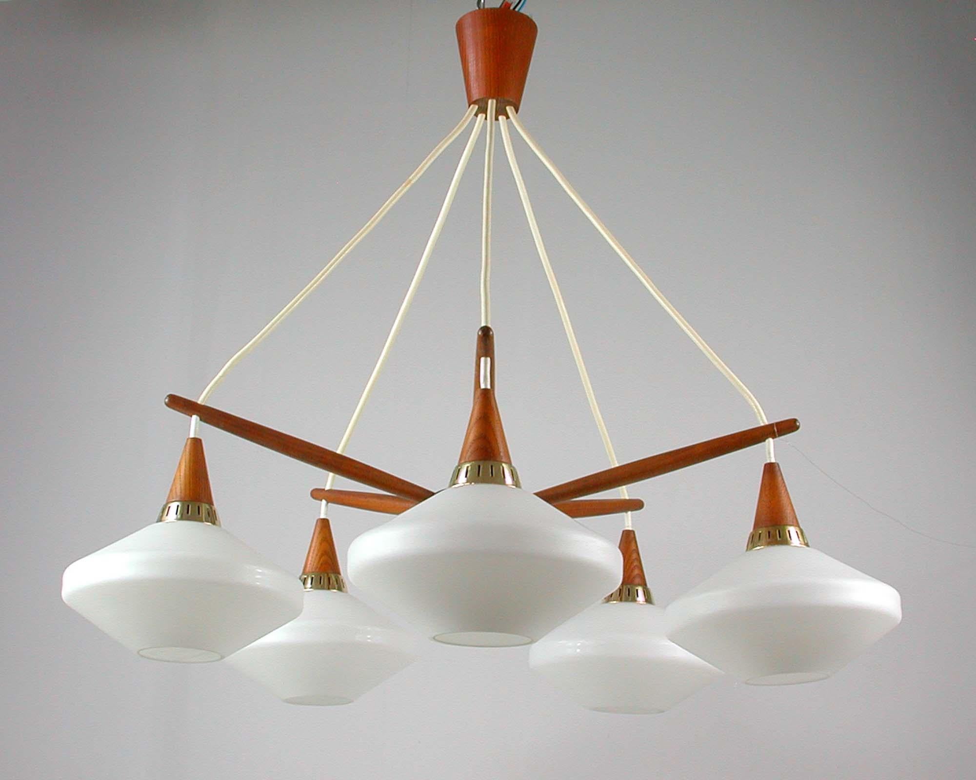 Midcentury Swedish Teak and Satin Glass Chandelier by ASEA, 1960s 1