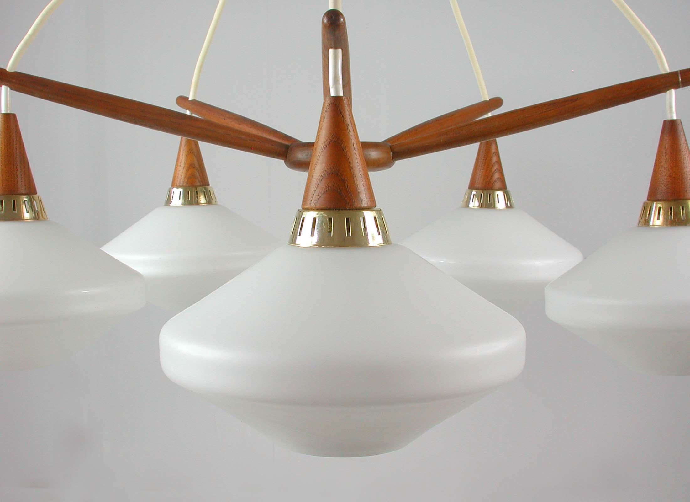 Midcentury Swedish Teak and Satin Glass Chandelier by ASEA, 1960s 2