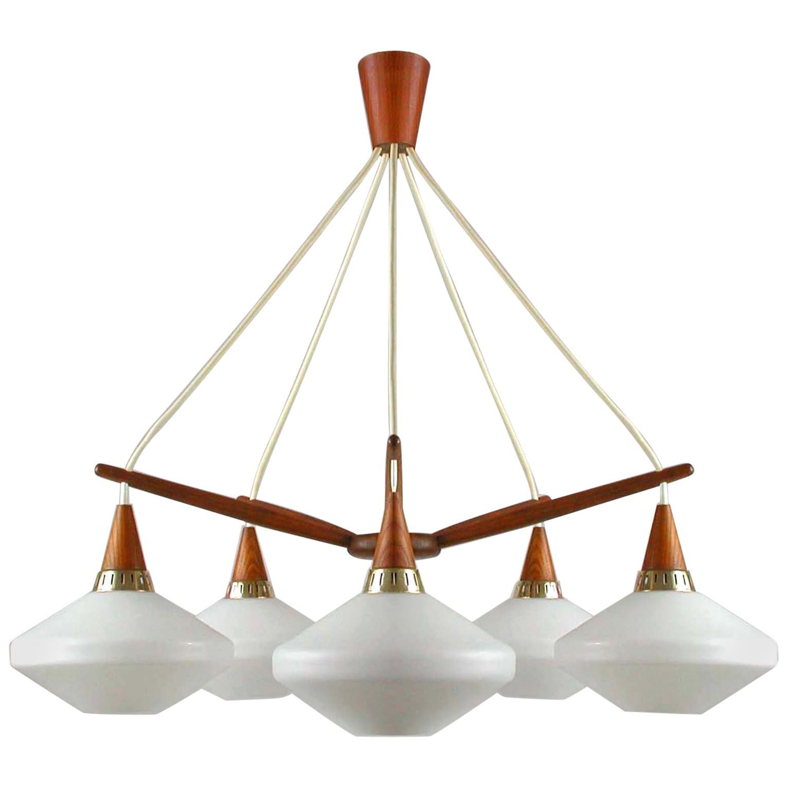 Midcentury Swedish Teak and Satin Glass Chandelier by ASEA, 1960s