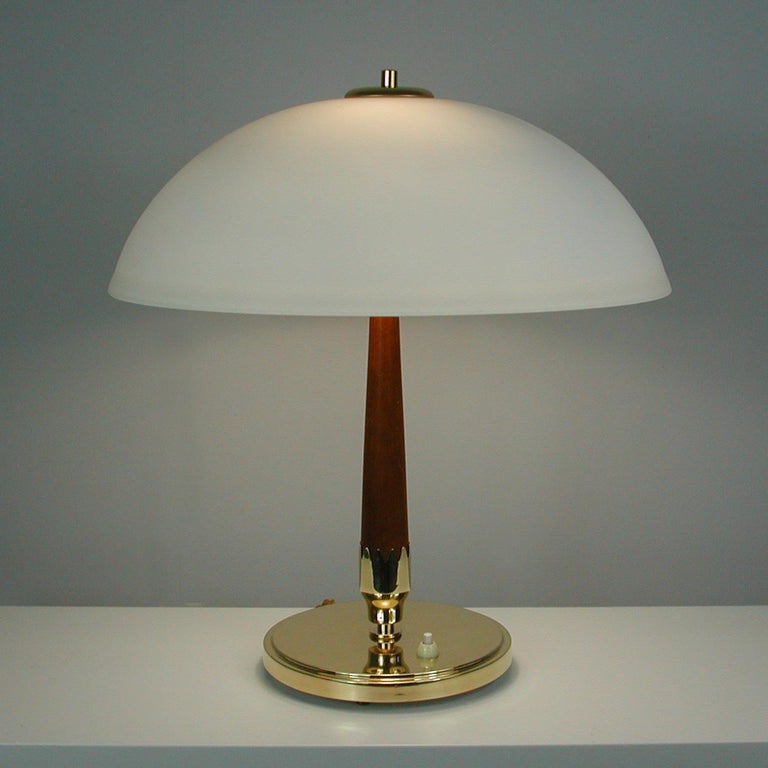 Mid-Century Modern Midcentury Swedish Teak, Brass and Frosted Glass Table Lamp by Böhlmarks, 1950s For Sale