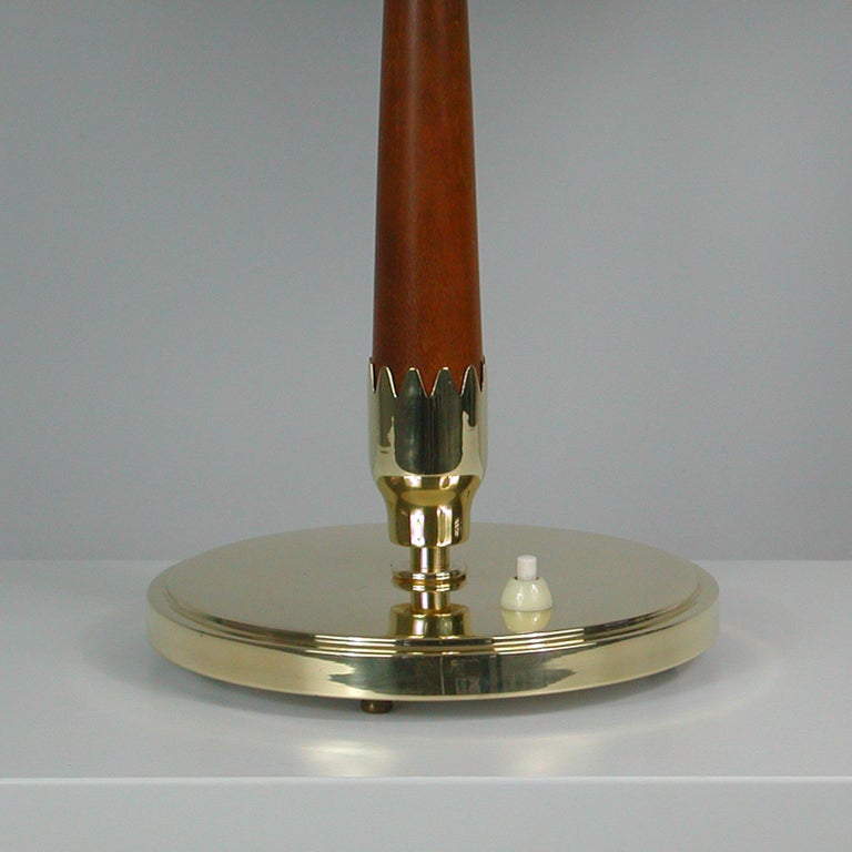 Opaline Glass Midcentury Swedish Teak, Brass and Frosted Glass Table Lamp by Böhlmarks, 1950s For Sale