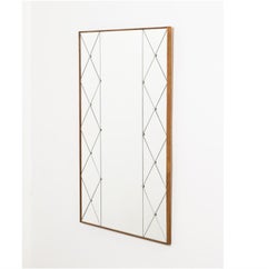 Midcentury Swedish Wall Mirror with Wood Frame and Chrome Studs, c. 1950