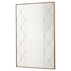 Midcentury Swedish Wall Mirror with Wood Frame and Chrome Studs, c. 1950