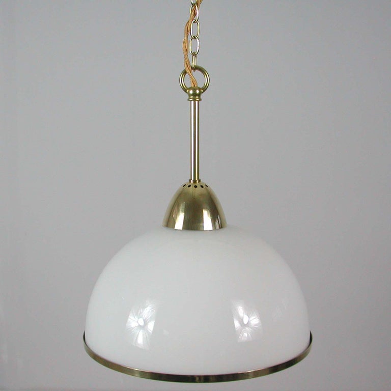 Midcentury Swedish White Opaline Glass and Brass Pendant, 1950s, 4 available In Good Condition For Sale In Nümbrecht, NRW