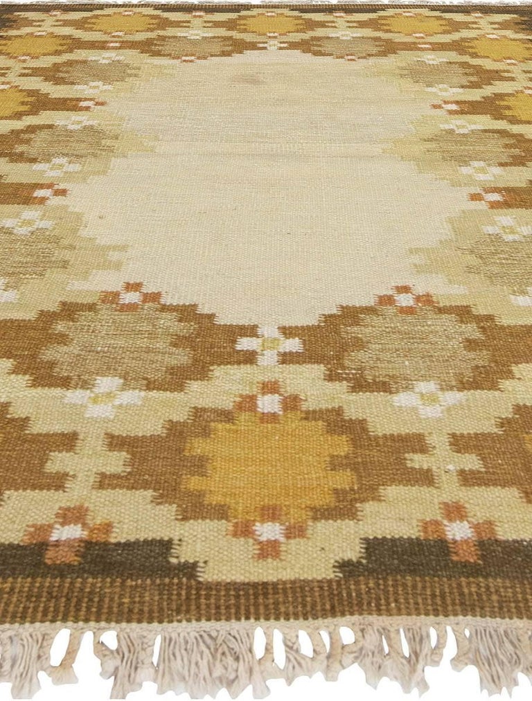 Midcentury Swedish Yellow, Beige and Brown Flat-Weave Rug In Good Condition For Sale In New York, NY