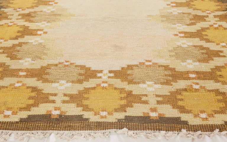 20th Century Midcentury Swedish Yellow, Beige and Brown Flat-Weave Rug For Sale