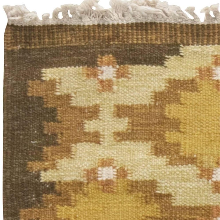 Wool Midcentury Swedish Yellow, Beige and Brown Flat-Weave Rug For Sale