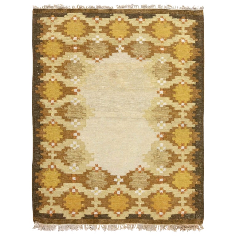 Midcentury Swedish Yellow, Beige and Brown Flat-Weave Rug For Sale