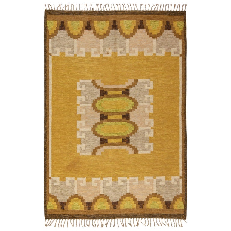 Mid20th century Swedish Yellow, Brown and Beige FlatWeave Rug by