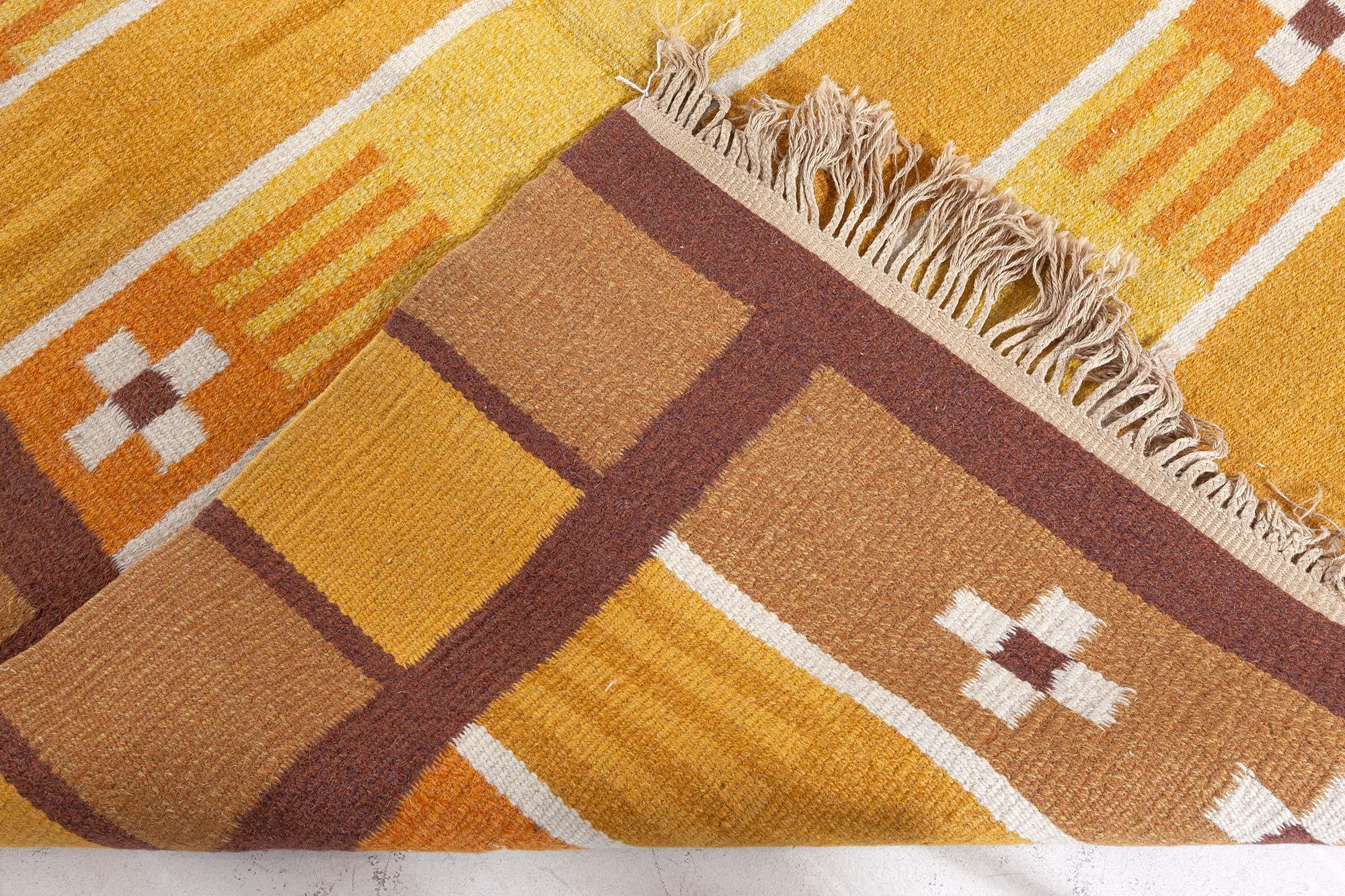 Midcentury Swedish Yellow Brown Handwoven Wool Rug For Sale 4