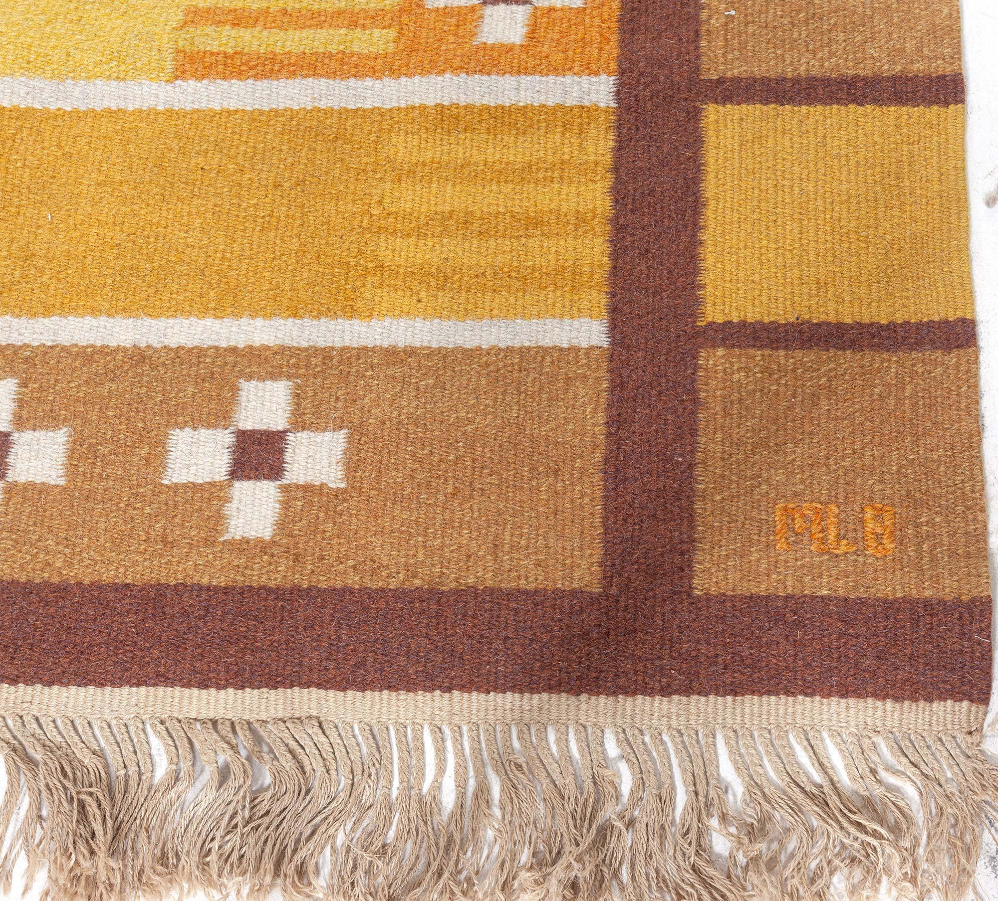 Hand-Woven Midcentury Swedish Yellow Brown Handwoven Wool Rug For Sale