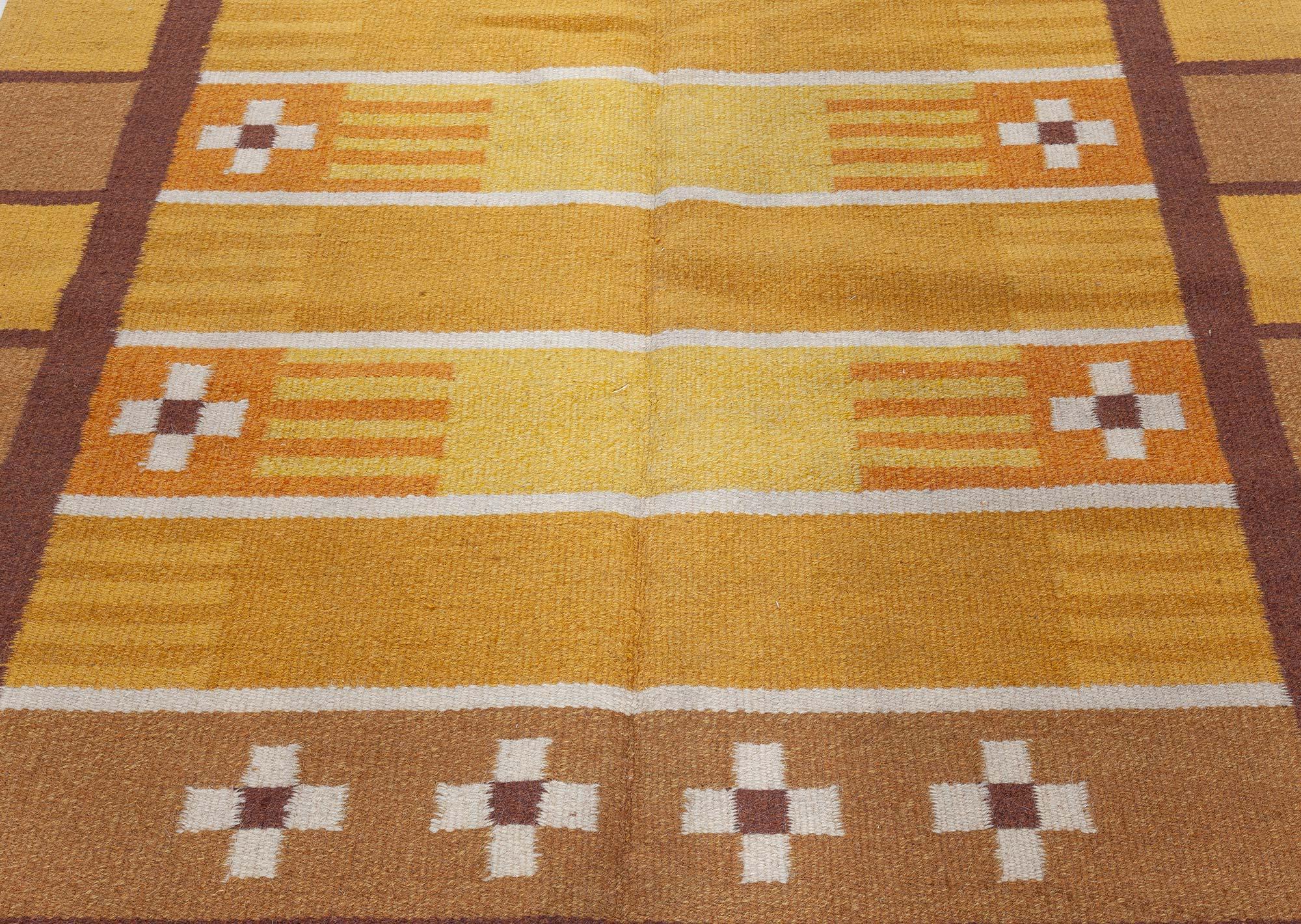 Hand-Woven Midcentury Swedish Yellow Brown Handwoven Wool Rug For Sale