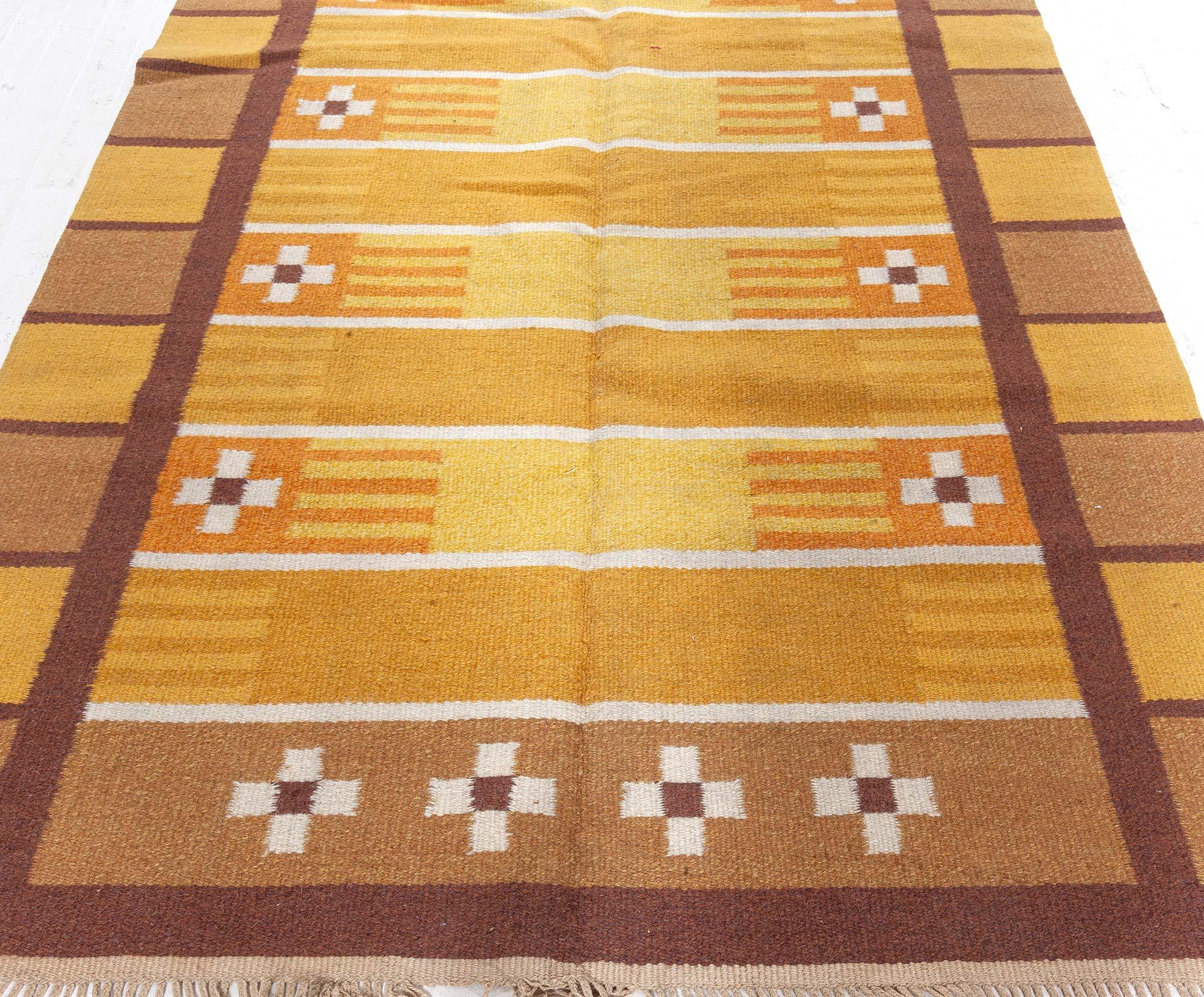 Midcentury Swedish Yellow Brown Handwoven Wool Rug In Good Condition For Sale In New York, NY