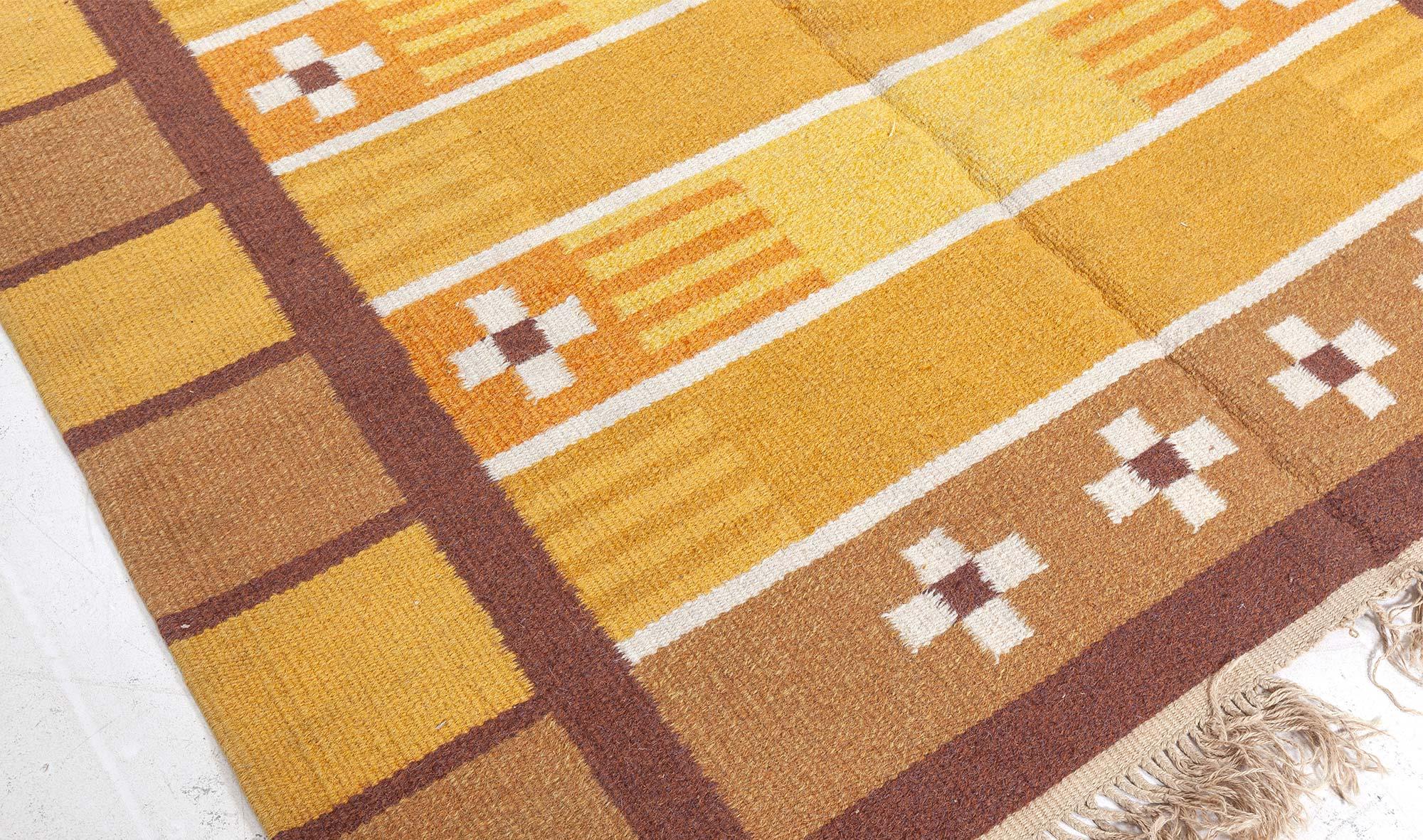 20th Century Midcentury Swedish Yellow Brown Handwoven Wool Rug For Sale