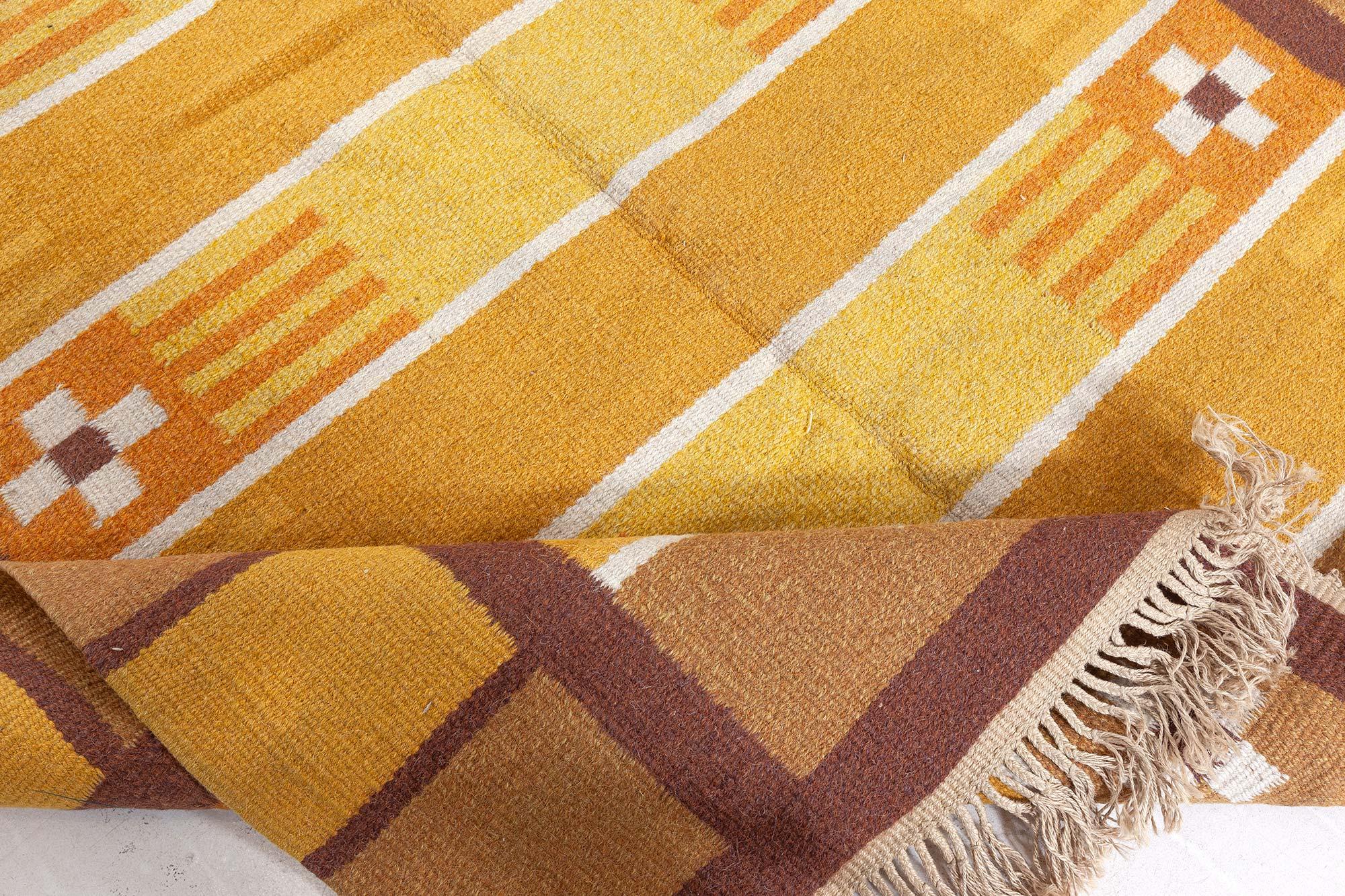 Midcentury Swedish Yellow Brown Handwoven Wool Rug For Sale 1