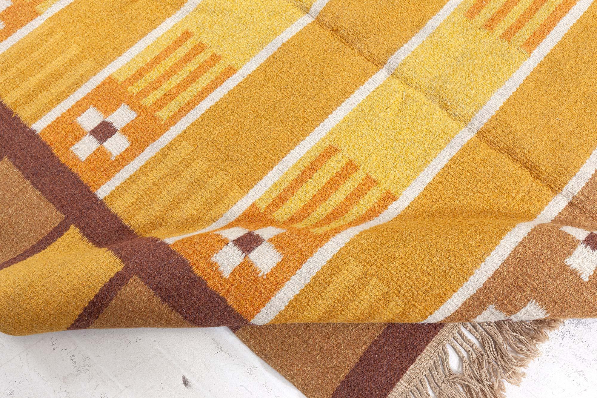 Midcentury Swedish Yellow Brown Handwoven Wool Rug For Sale 2