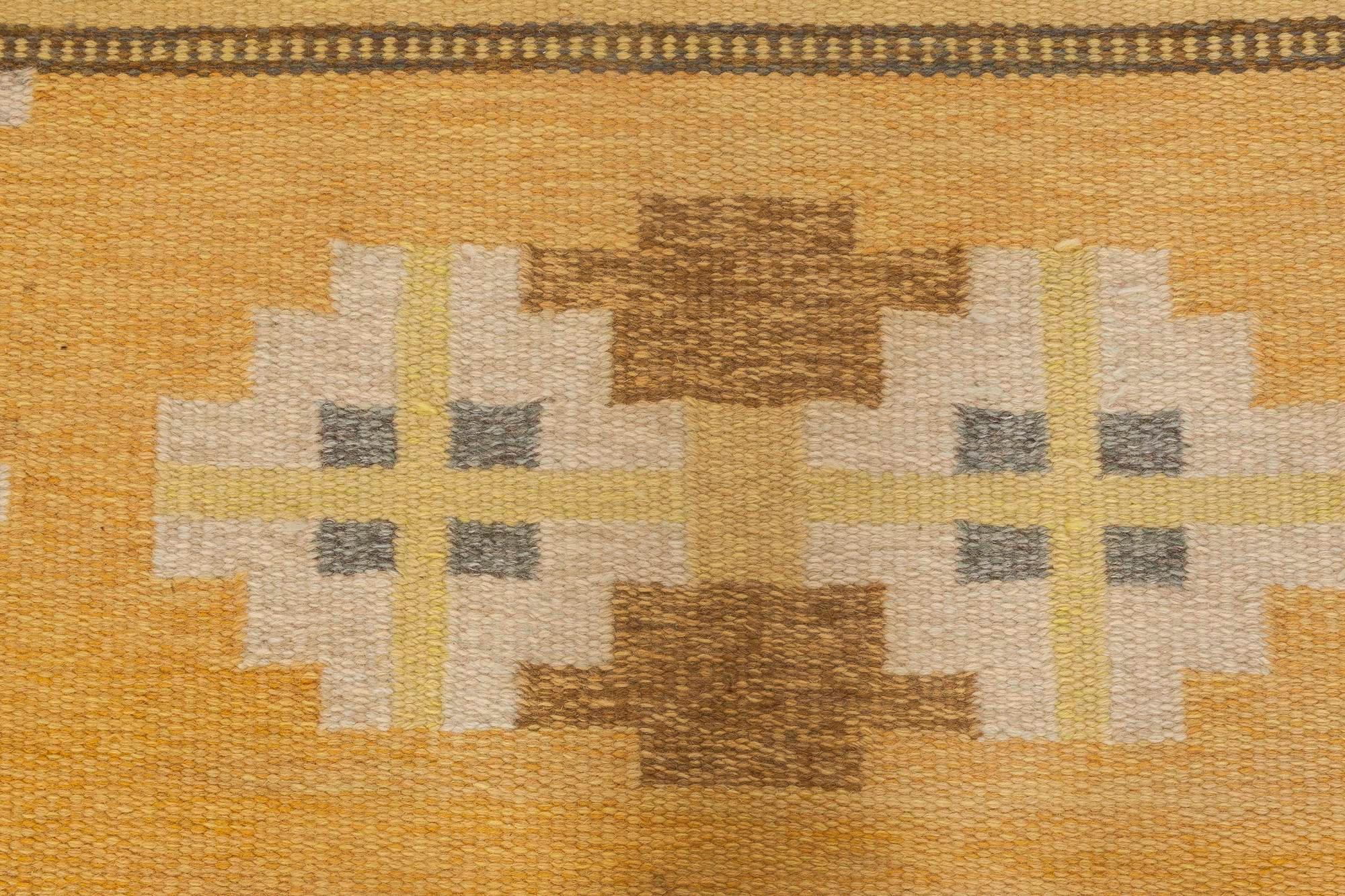 Mid-Century Modern Midcentury Swedish Yellow Flat-Weave Wool Rug by Ingegerd Silow For Sale