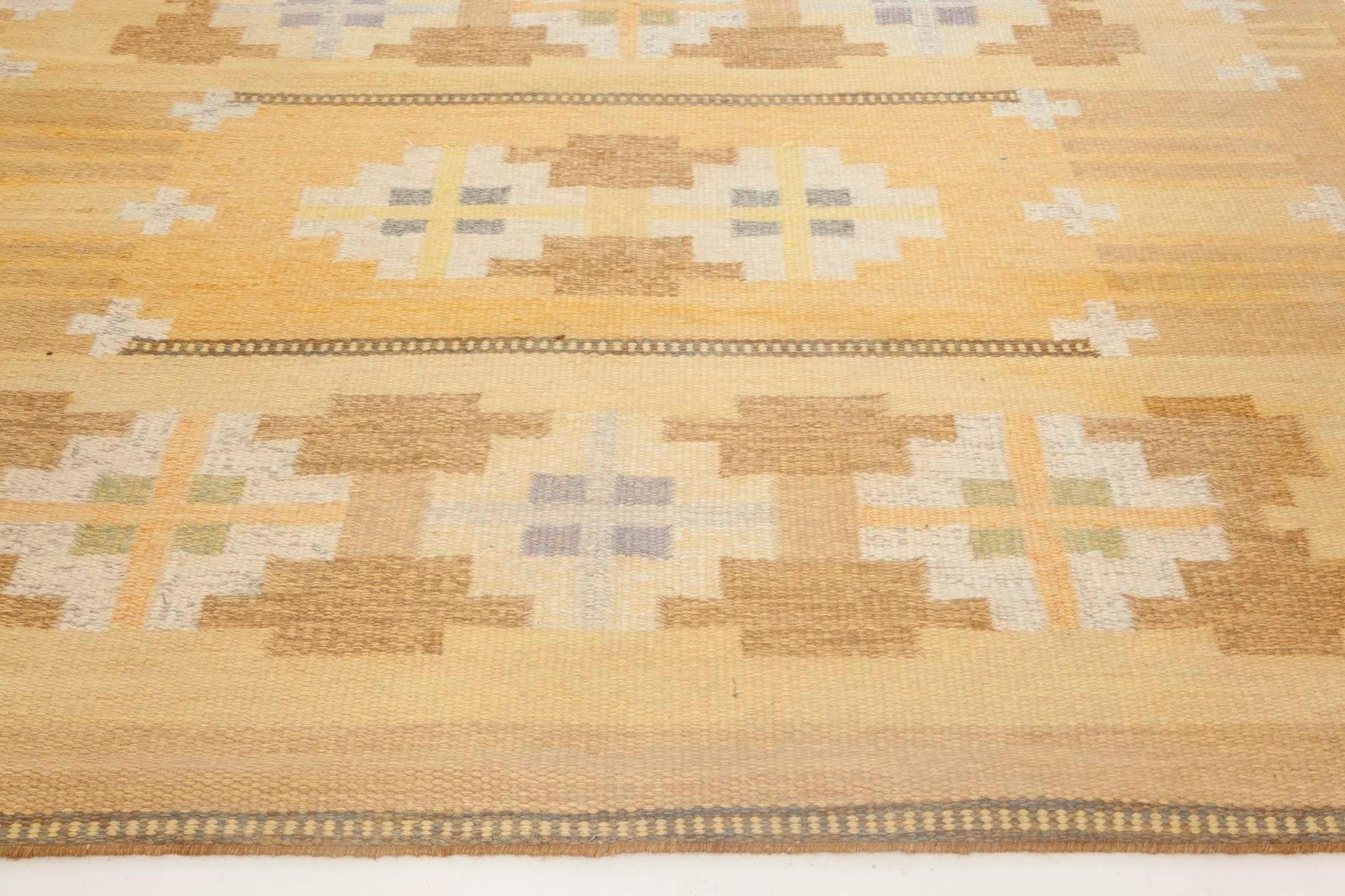 20th Century Midcentury Swedish Yellow Flat-Weave Wool Rug by Ingegerd Silow For Sale
