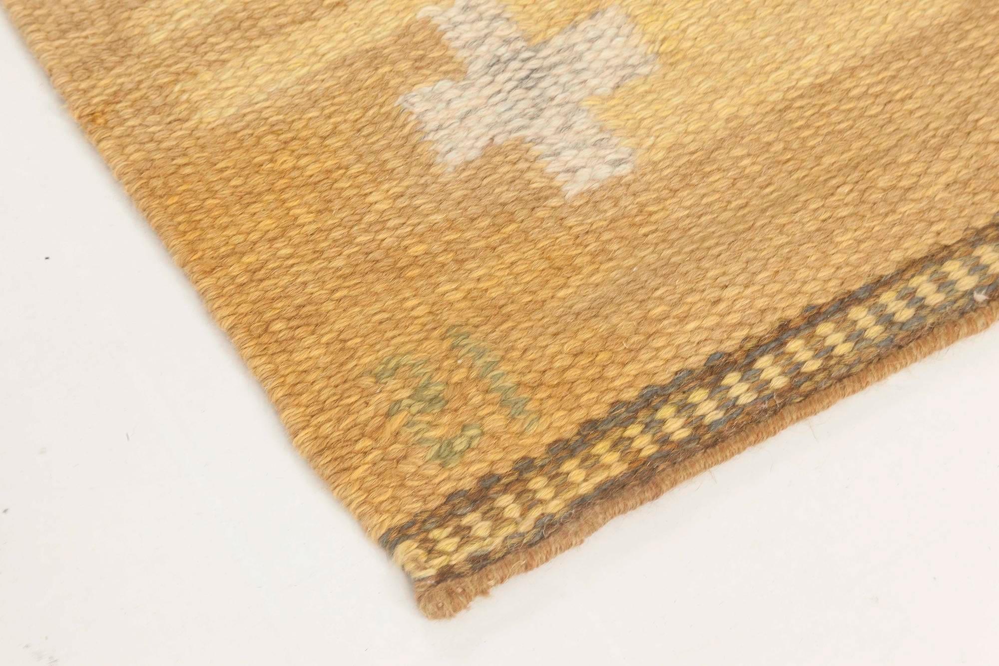 Midcentury Swedish Yellow Flat-Weave Wool Rug by Ingegerd Silow For Sale 3