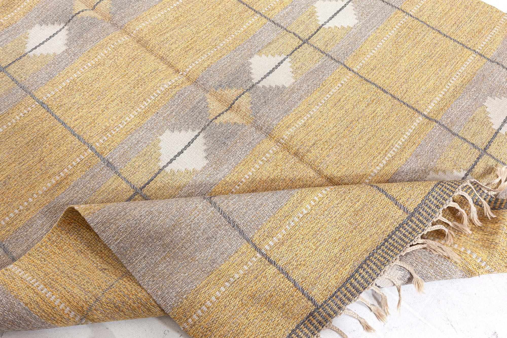 Midcentury Swedish Yellow Flat-Weave Wool Rug For Sale 1
