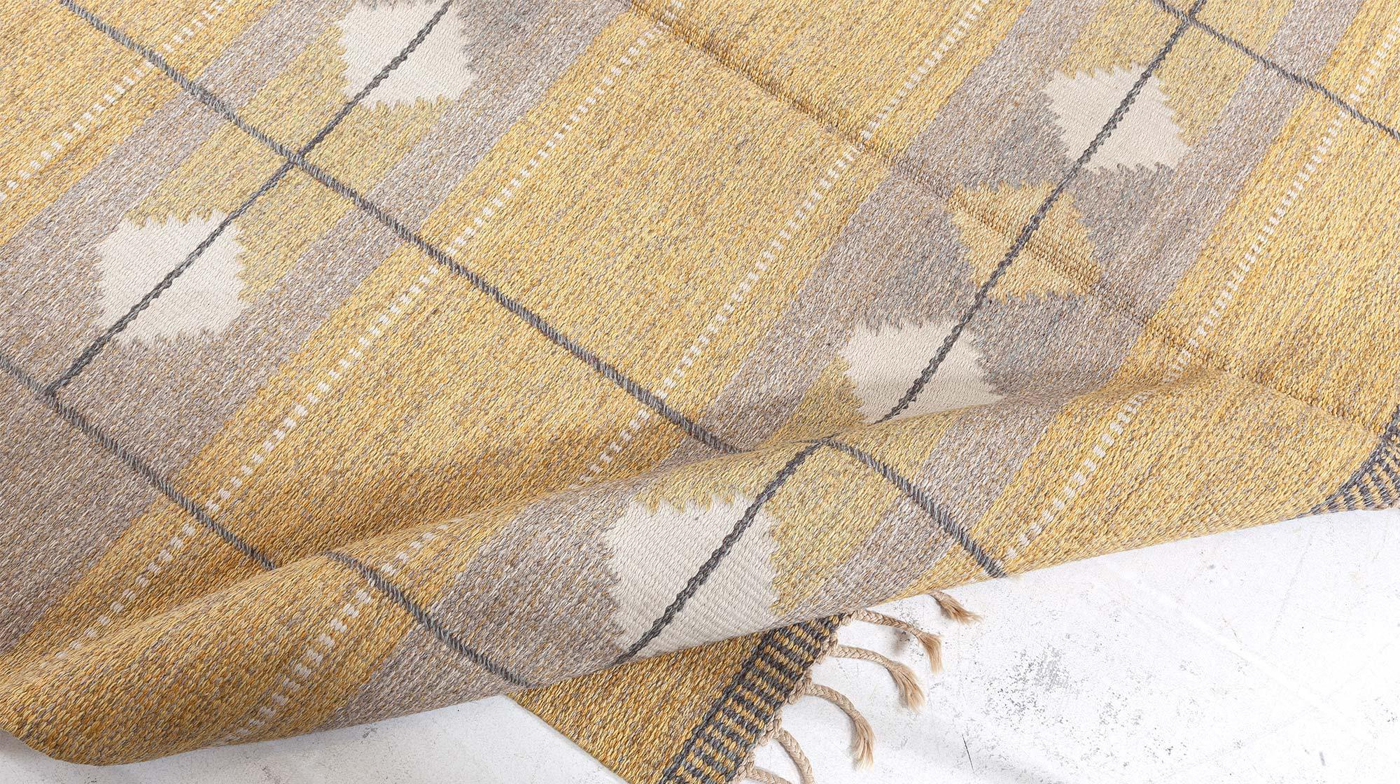 Midcentury Swedish Yellow Flat-Weave Wool Rug For Sale 2