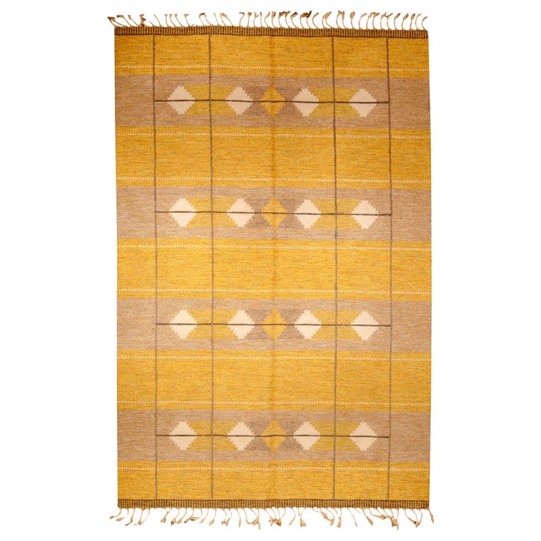 Midcentury Swedish Yellow FlatWeave Wool Rug For Sale at 1stDibs