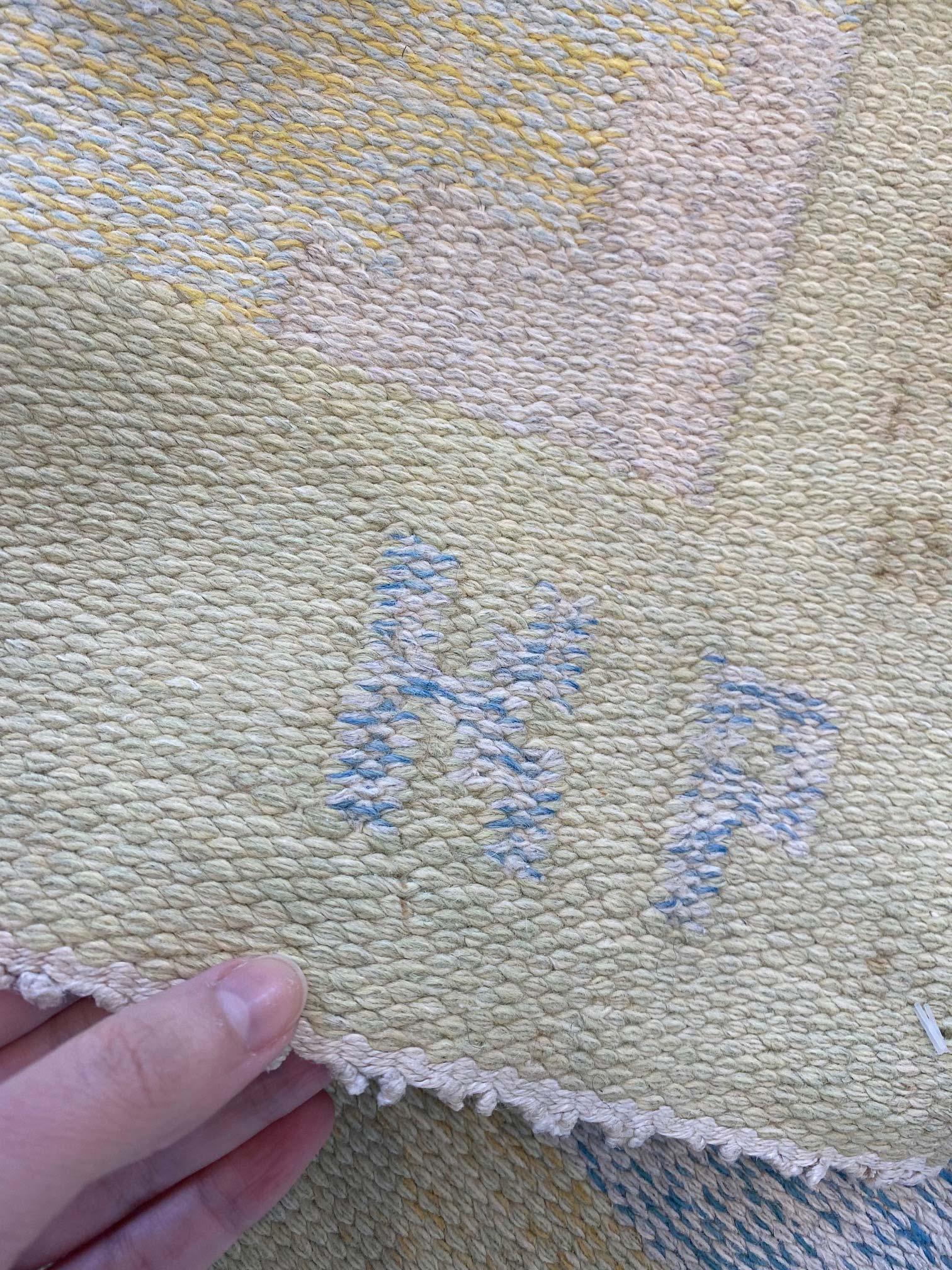 Midcentury Swedish Yellow Wool Rug, Signed KP For Sale 1