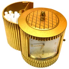 Vintage Midcentury Swiss Made Luxor Brass Table Clock and Concealed Cigarette Case