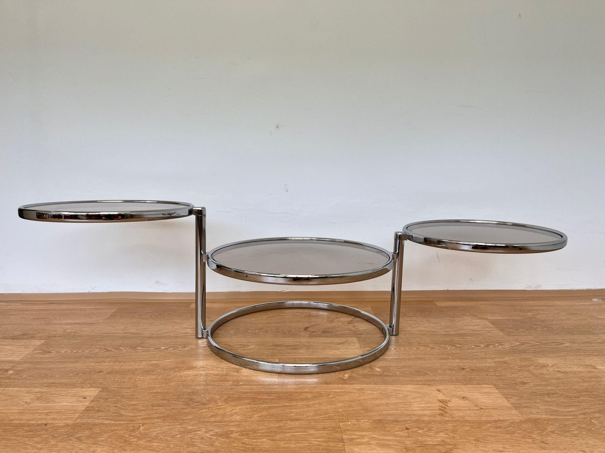 Smoked Glass Midcentury Swivel and Folding Chrome Coffee Table, Germany, 1970s For Sale
