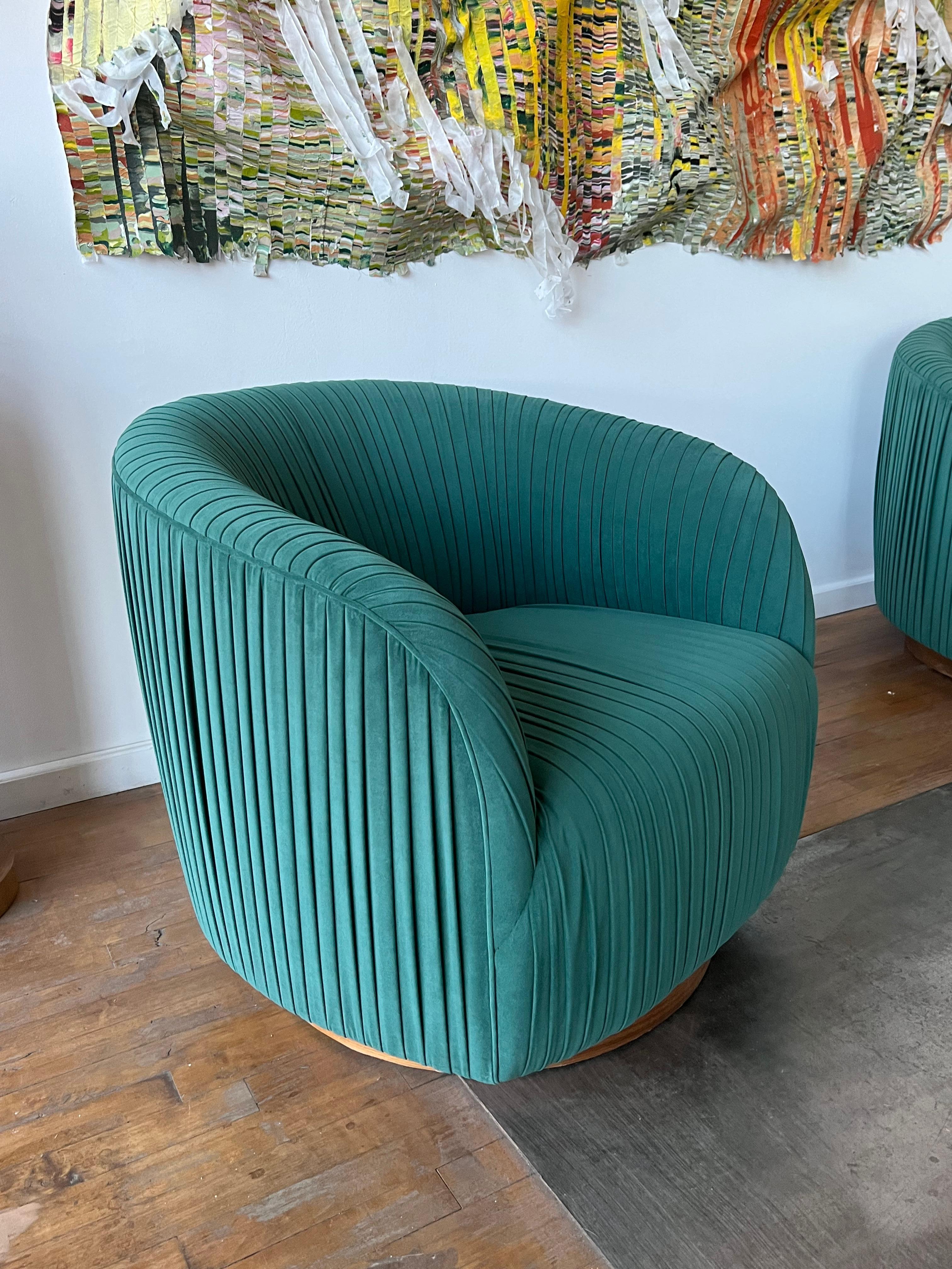 Velvet Mid-Century Swivel Barrel Chairs  For Sale
