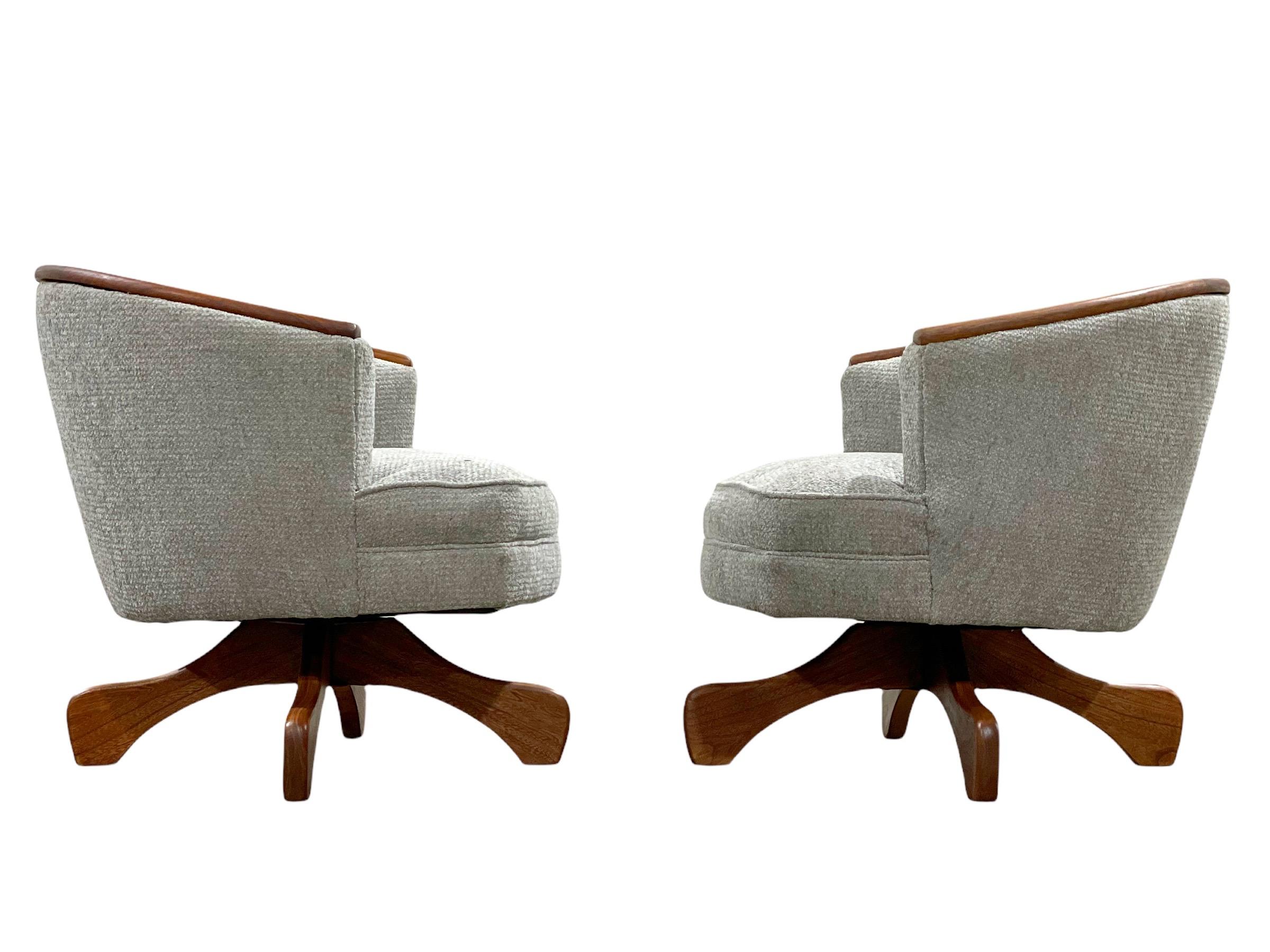 Midcentury Swivel Club Barrel Chairs After Adrian Pearsall, Walnut + Boucle 4