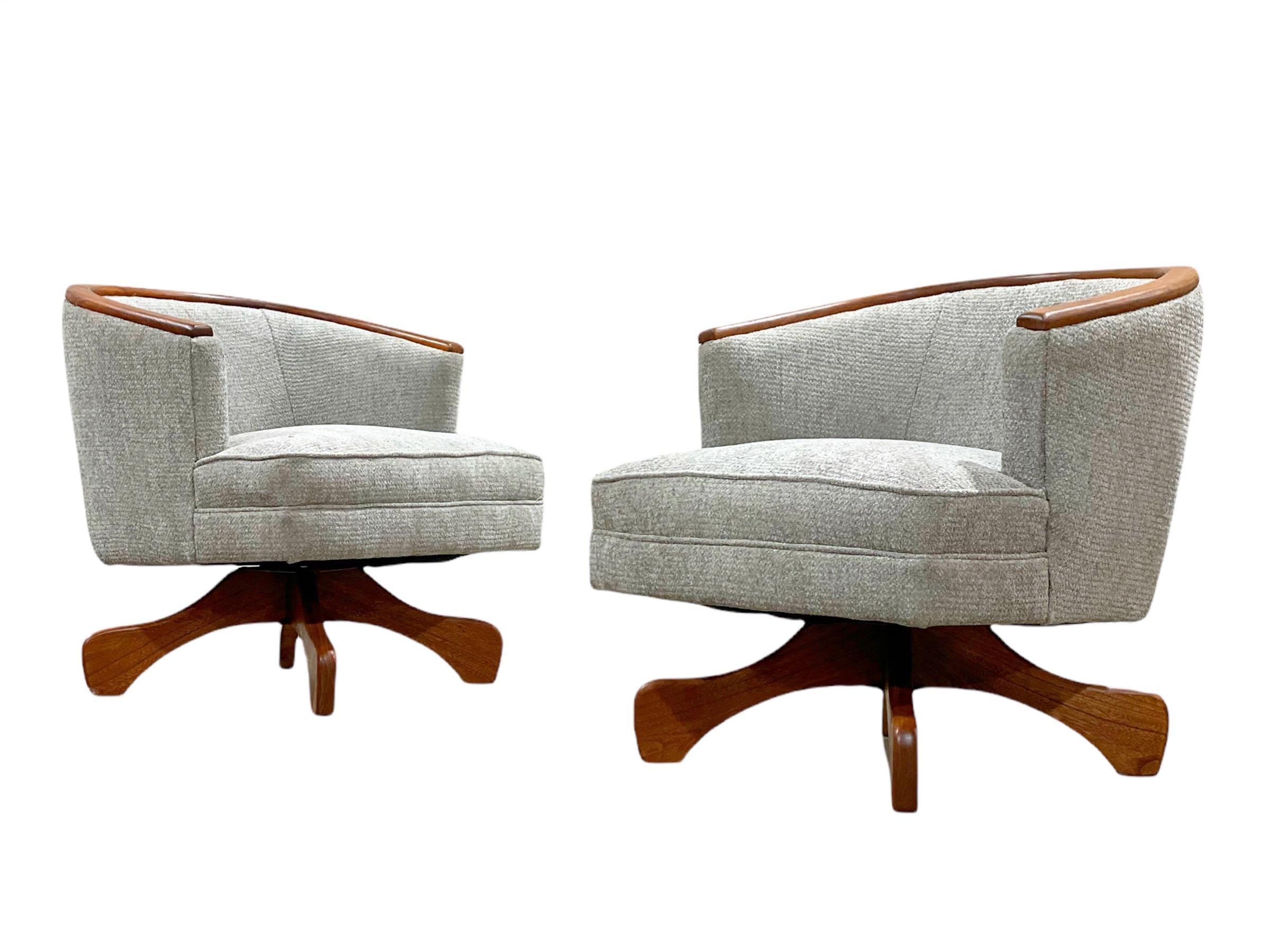 Midcentury Swivel Club Barrel Chairs After Adrian Pearsall, Walnut + Boucle 5