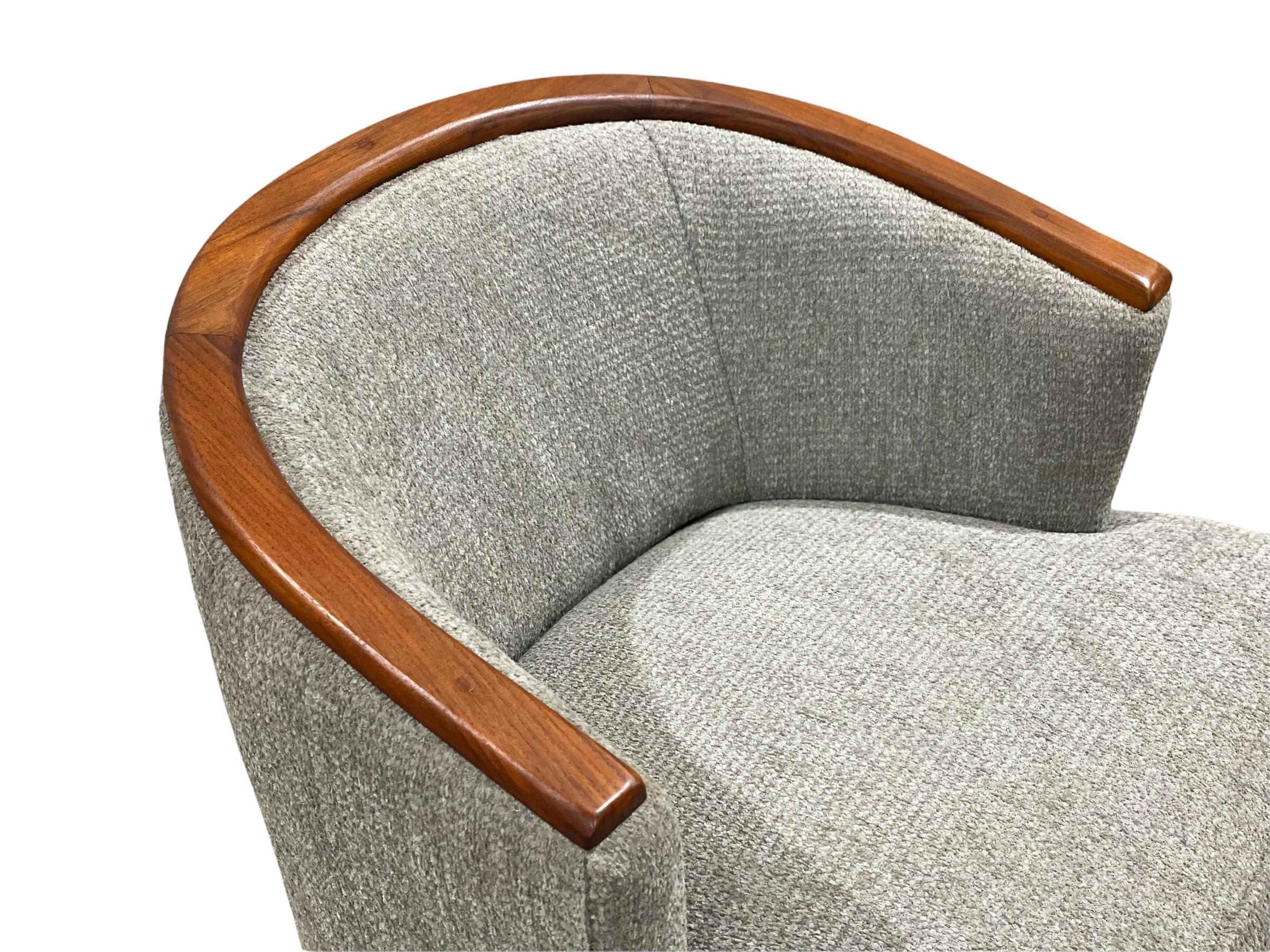 Mid-Century Modern Midcentury Swivel Club Barrel Chairs After Adrian Pearsall, Walnut + Boucle