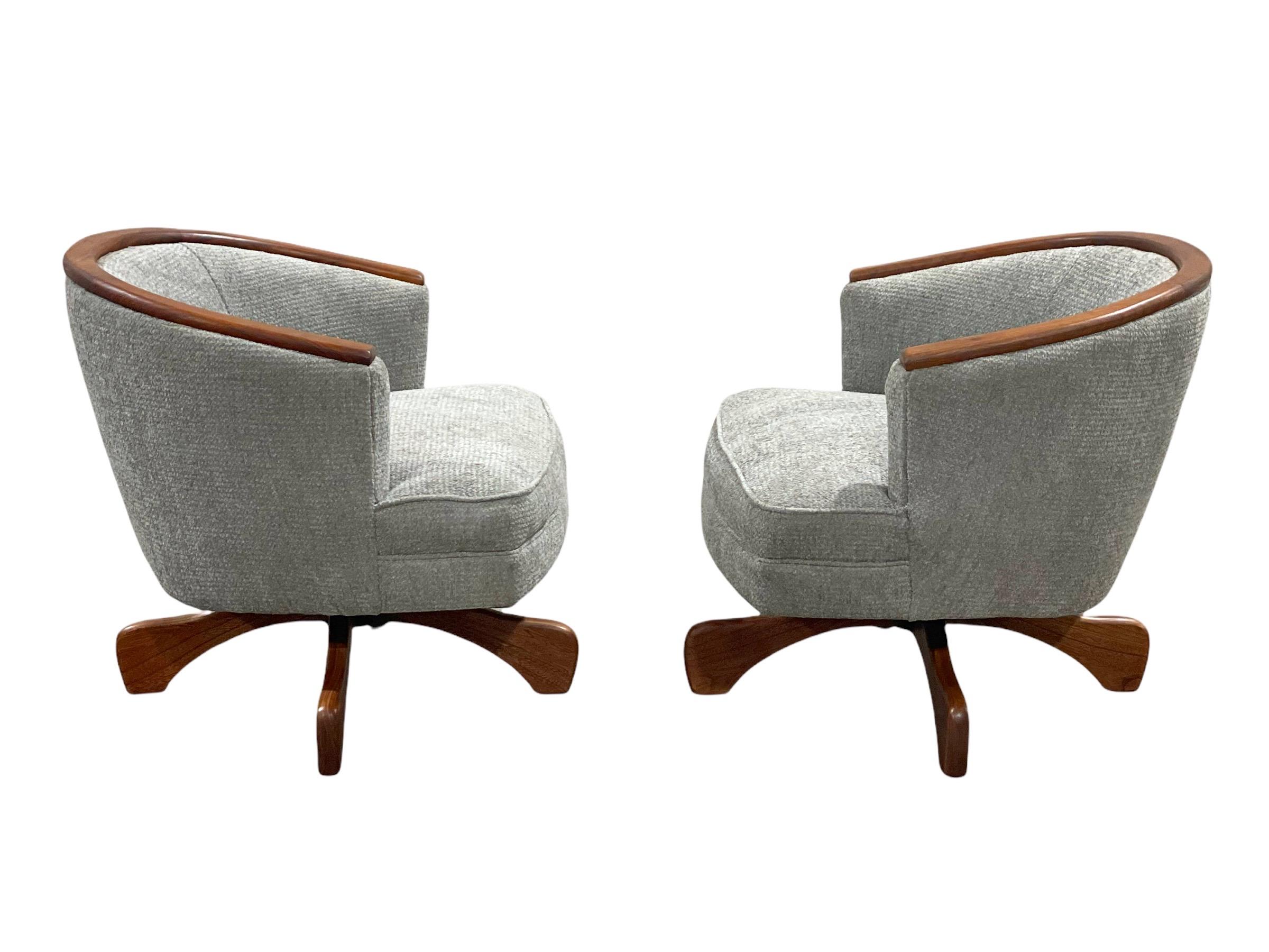American Midcentury Swivel Club Barrel Chairs After Adrian Pearsall, Walnut + Boucle