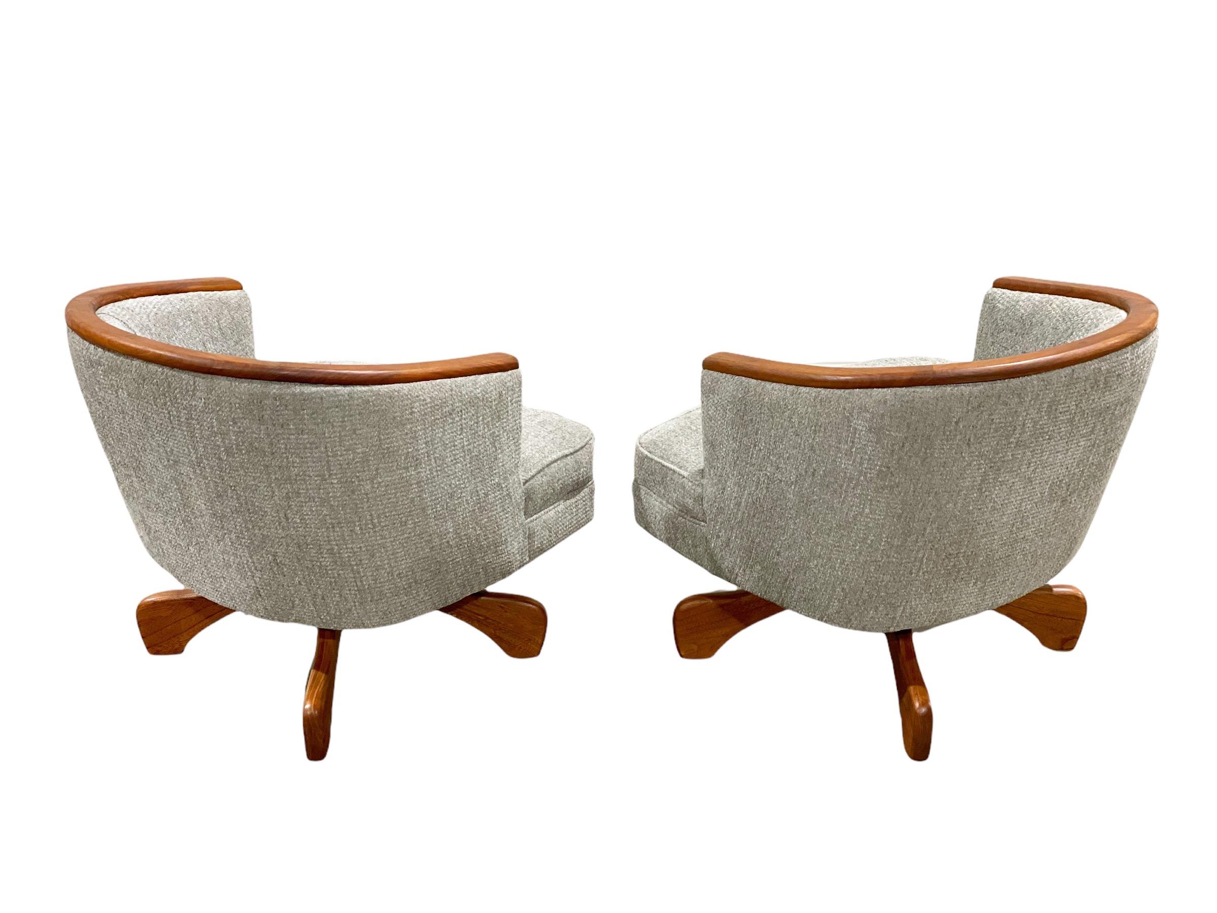 Mid-20th Century Midcentury Swivel Club Barrel Chairs After Adrian Pearsall, Walnut + Boucle
