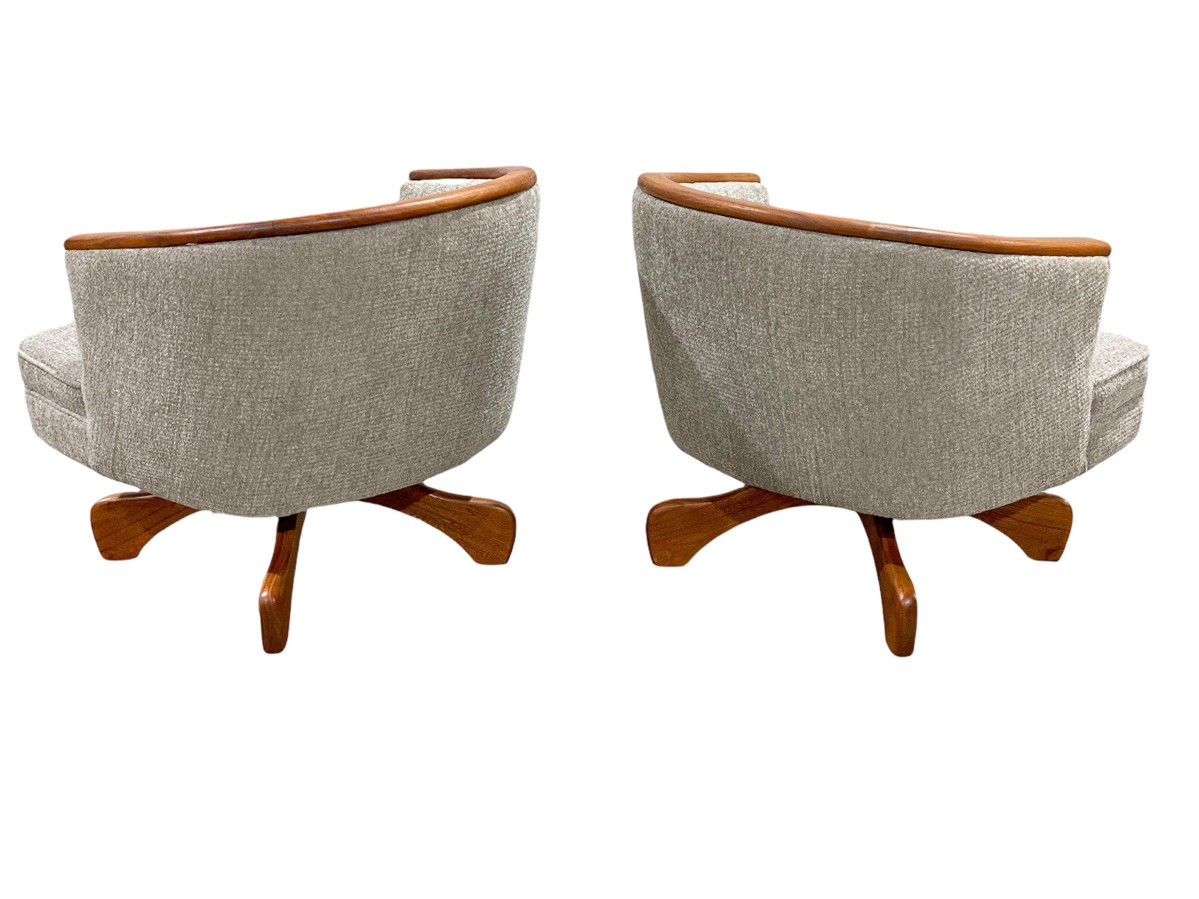 Bouclé Midcentury Swivel Club Barrel Chairs After Adrian Pearsall, Walnut + Boucle