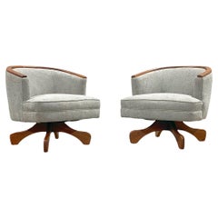 Midcentury Swivel Club Barrel Chairs After Adrian Pearsall, Walnut + Boucle