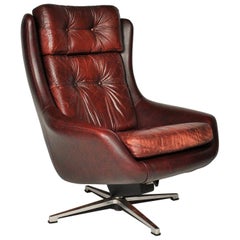 Midcentury Swivel Leather Armchair, Peem, Finland, 1970s