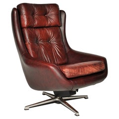 Midcentury Swivel Leather Armchair, Peem, Finland, 1970s