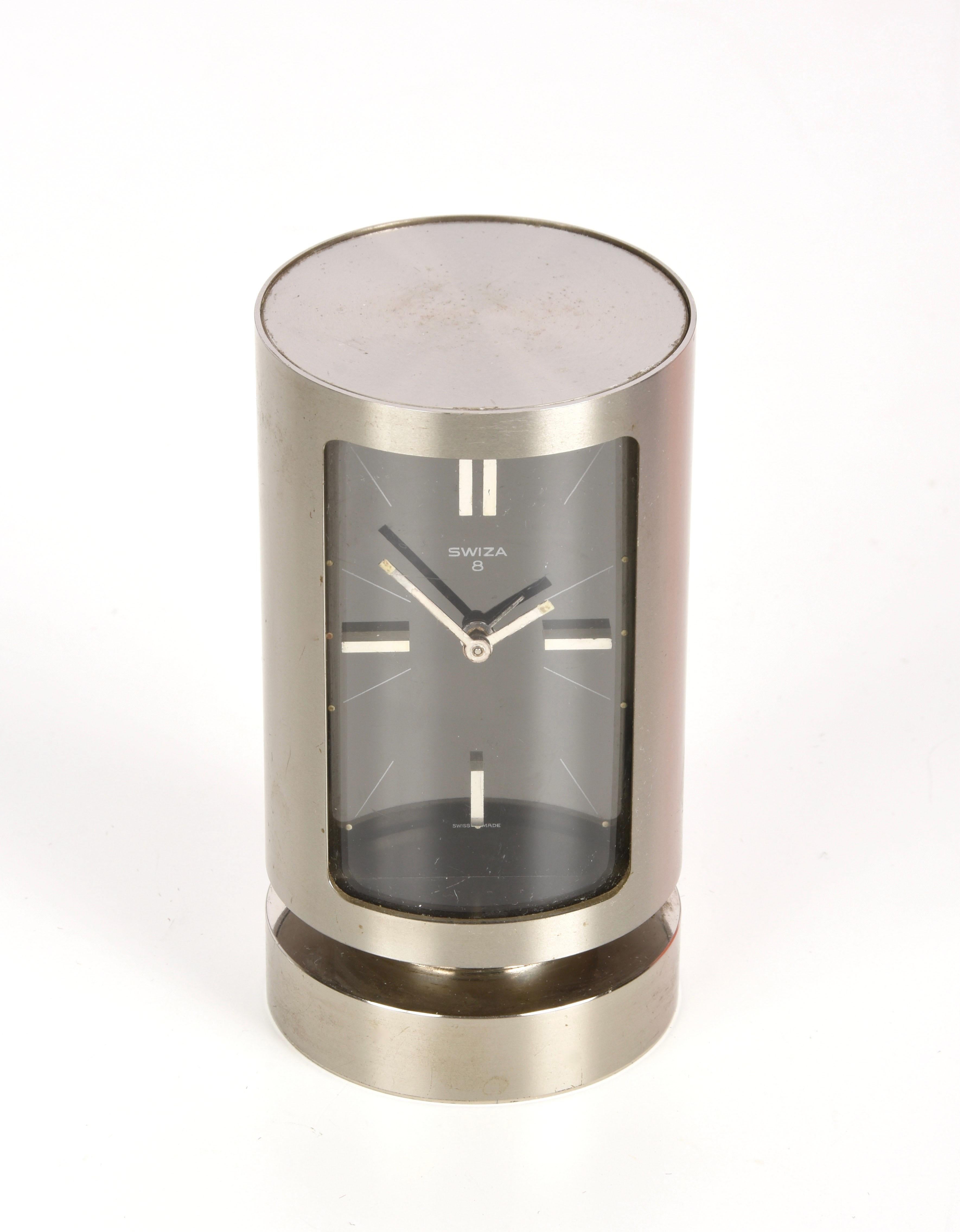 Midcentury Swiza 8 Day Swiss Chromed Steel Table Clock with Alarm Clock, 1960s 3