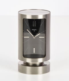 Midcentury Swiza 8 Day Swiss Chromed Steel Table Clock with Alarm Clock, 1960s