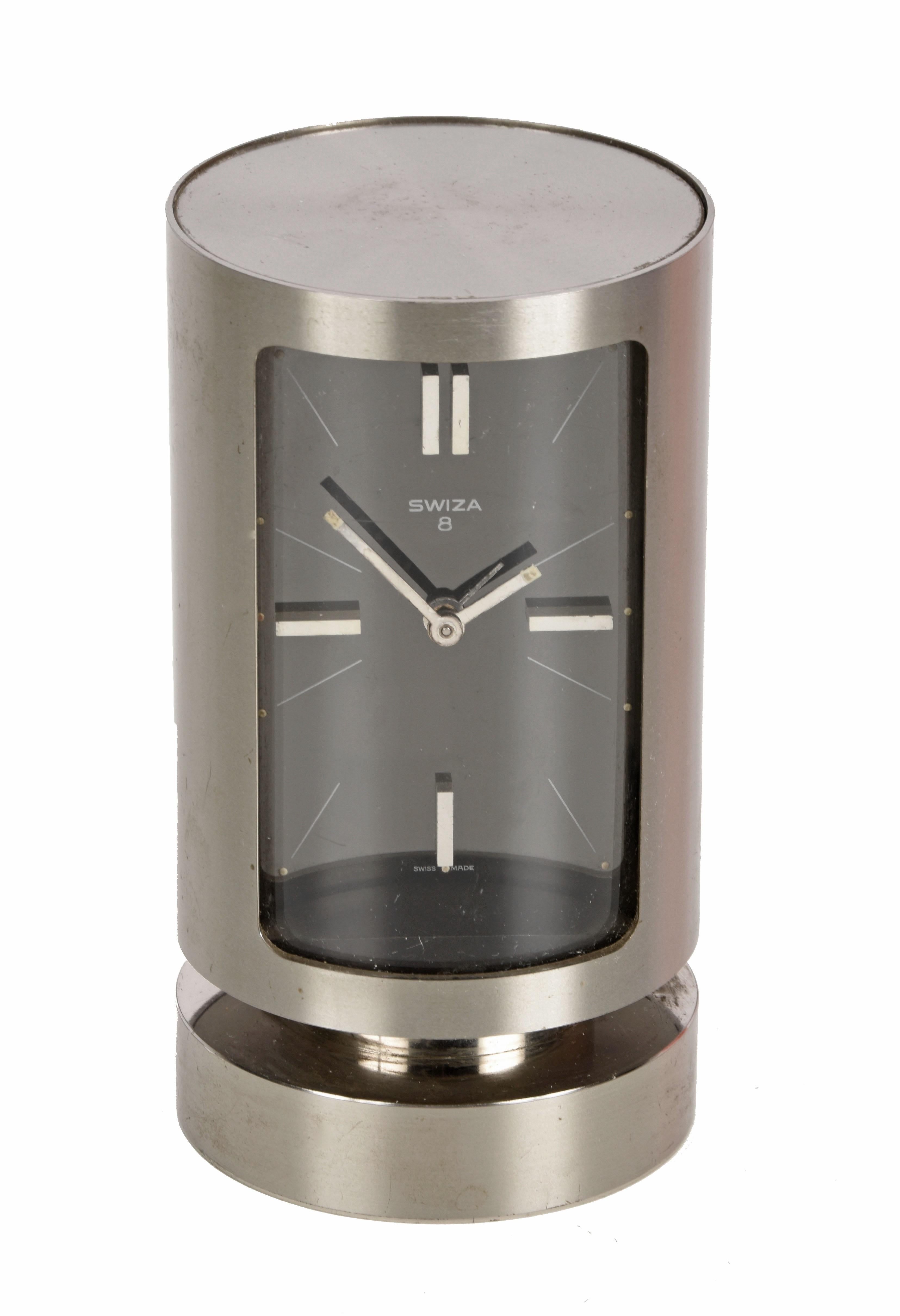 Midcentury Swiza 8 Day Swiss Chromed Steel Table Clock with Alarm Clock, 1960s In Good Condition In Roma, IT