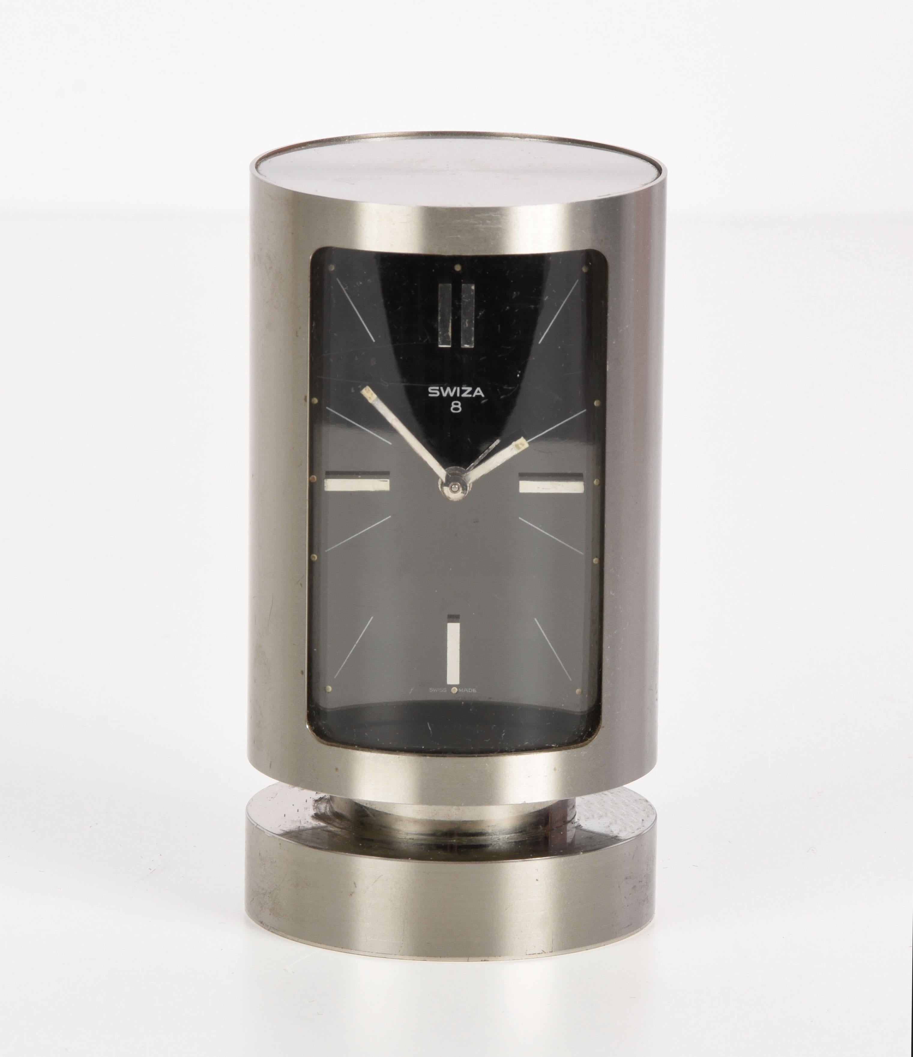 20th Century Midcentury Swiza 8 Day Swiss Chromed Steel Table Clock with Alarm Clock, 1960s