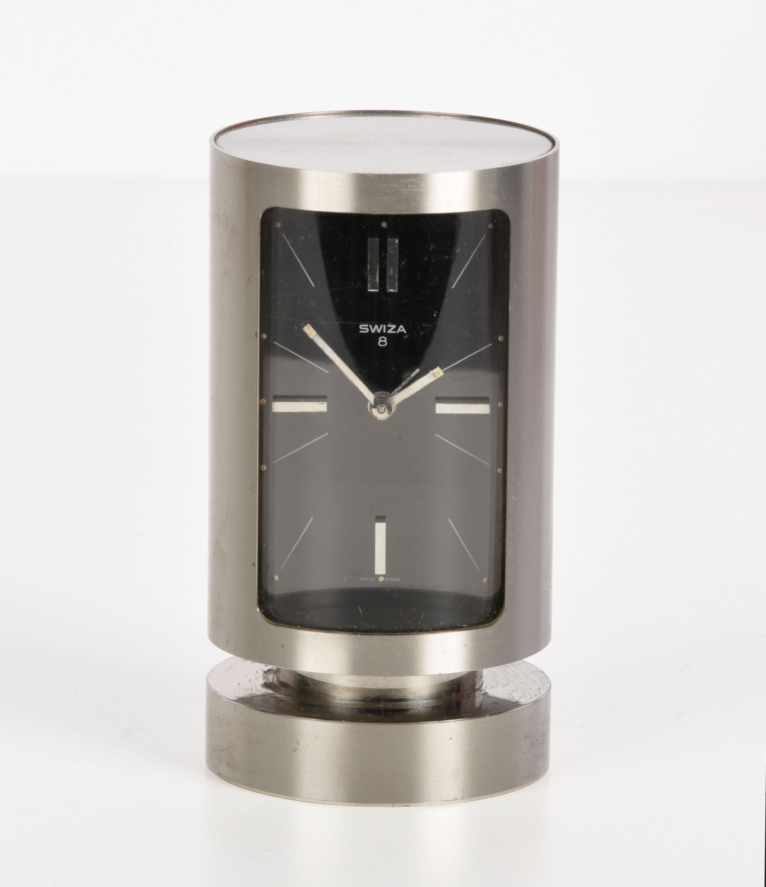 20th Century Midcentury Swiza 8 Day Swiss Chromed Steel Table Clock with Alarm Clock, 1960s 