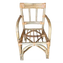 Midcentury Swoop Arm Rattan Armchair with Triple Pole Back