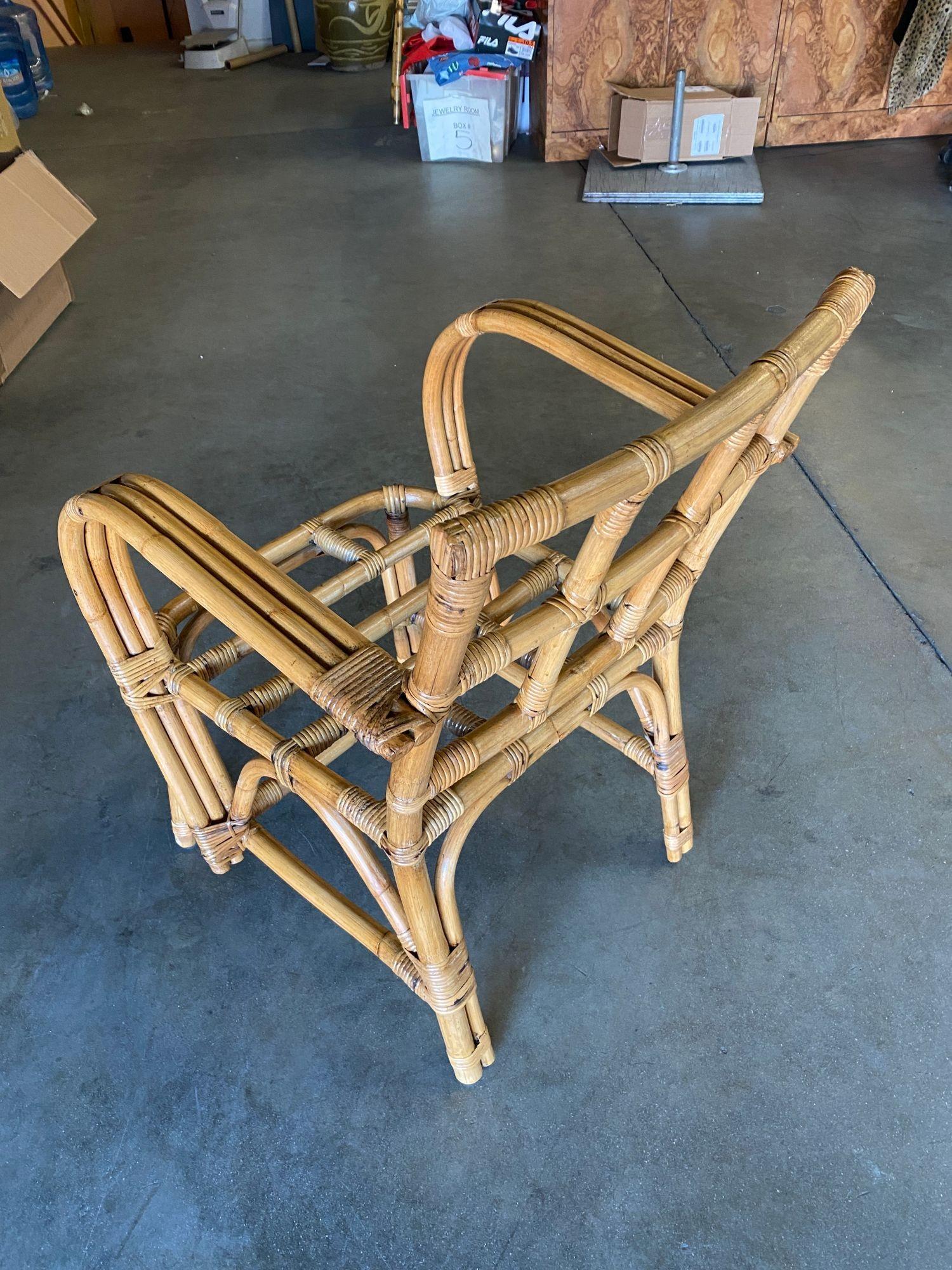 Mid-20th Century Midcentury Swoop Triple Pole Arm Rattan Armchair with Tic-Tac-Toe Back