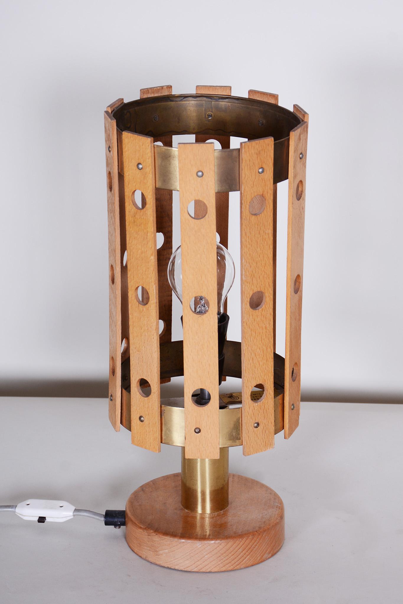 Mid-20th Century Midcentury Table Lamp, Beech, Brass, Made by Pokrok Zilina, Slovakia, 1960s For Sale