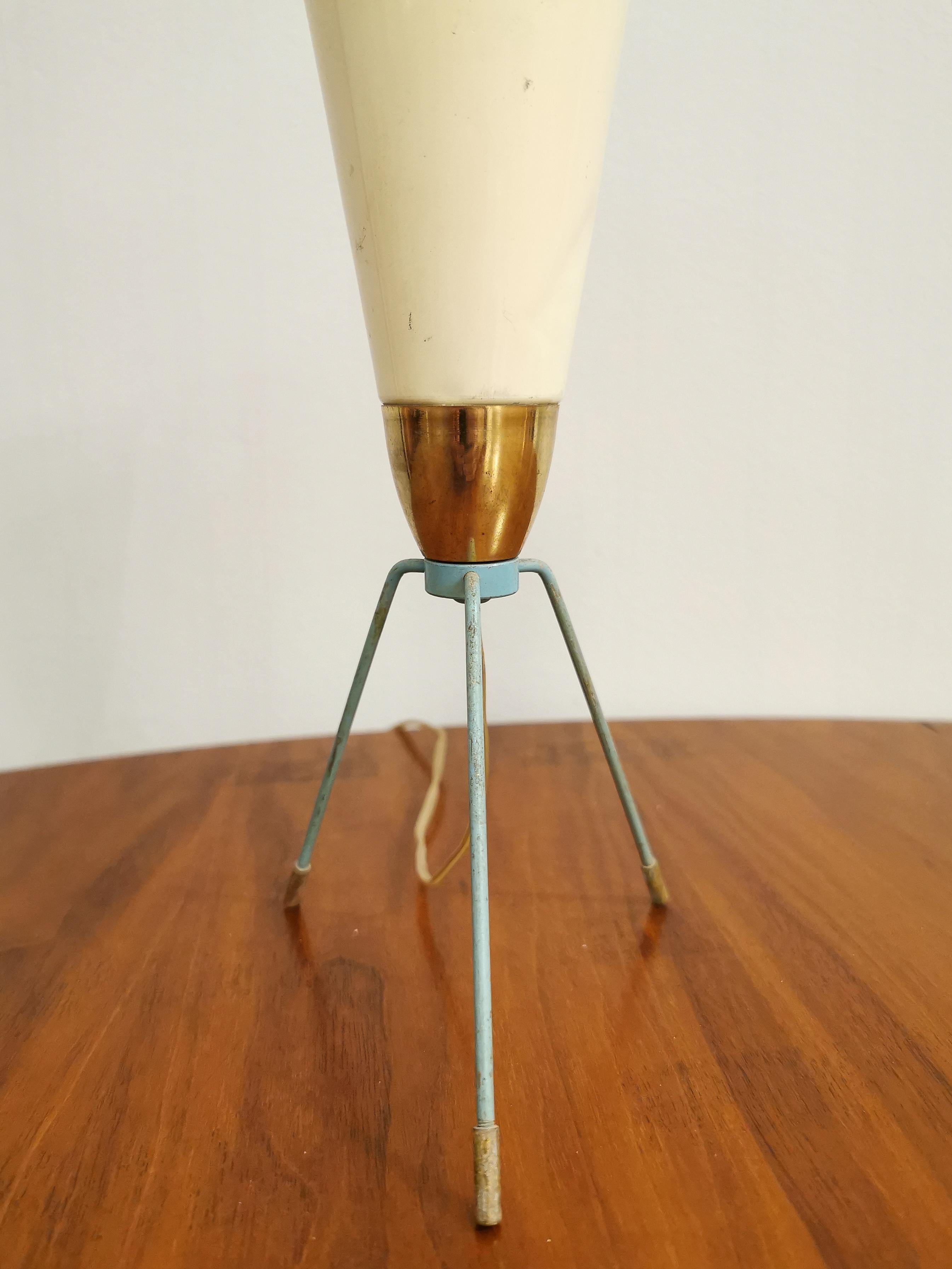 Mid-Century Modern Midcentury Table Lamp Brass Enamelled Light Blue Aluminum Conical Tripod Italy