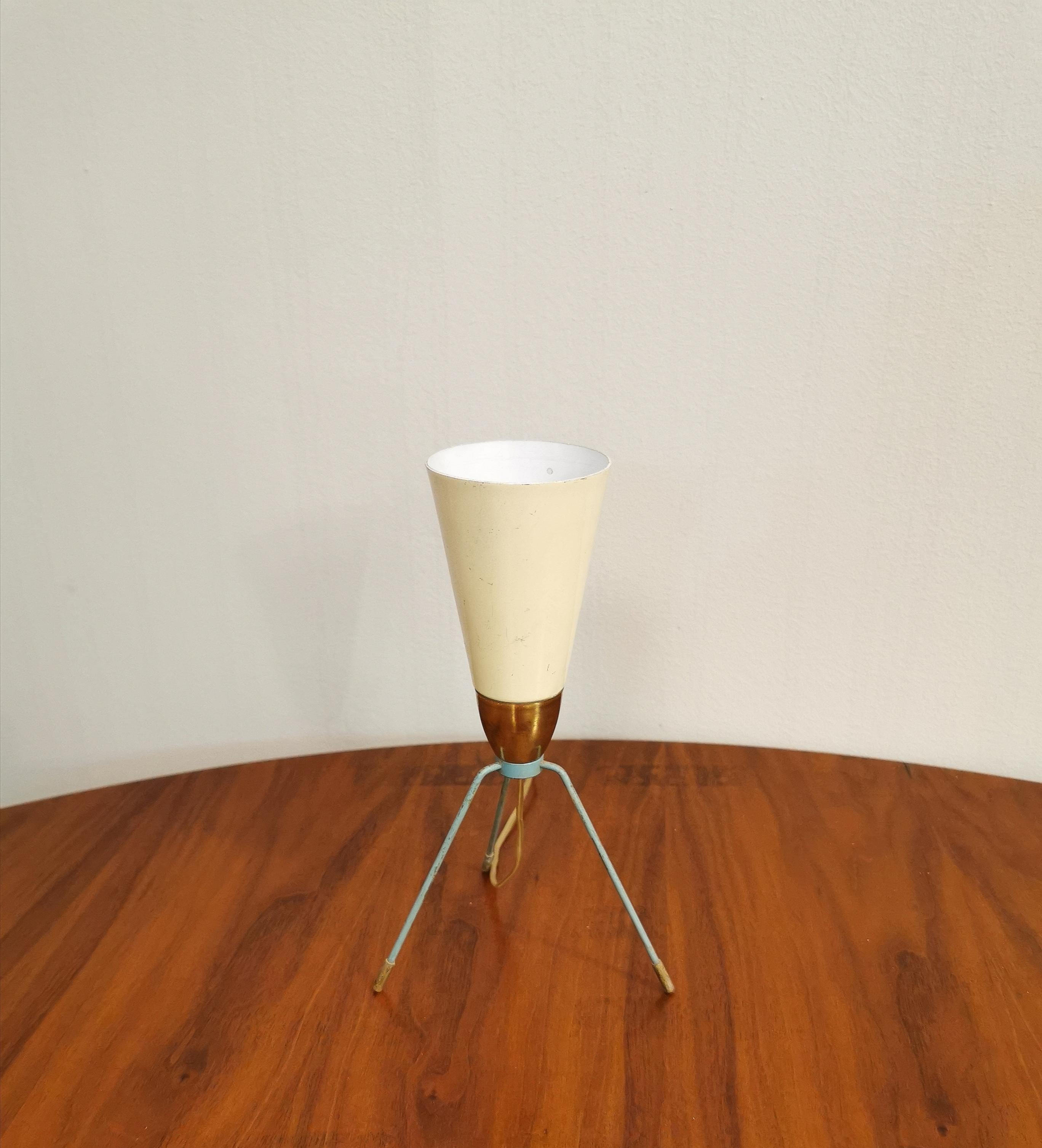 Enameled Midcentury Table Lamp Brass Enamelled Light Blue Aluminum Conical Tripod Italy