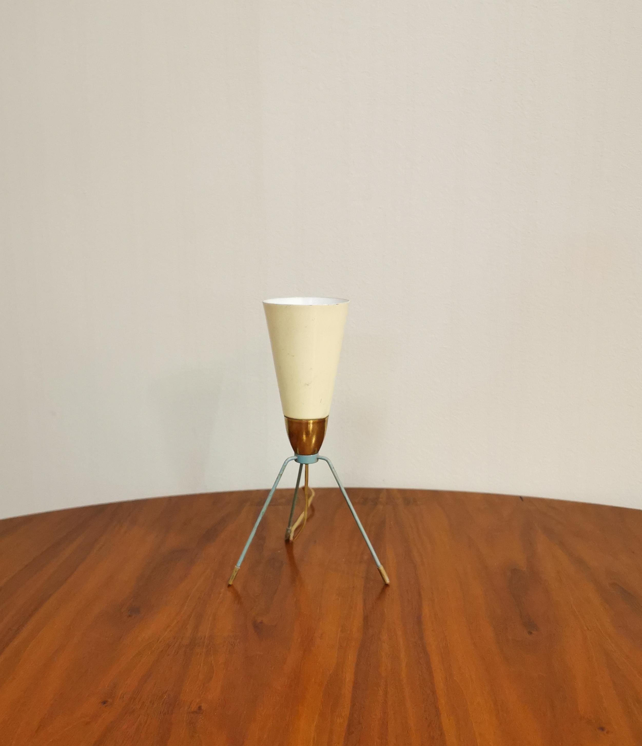Midcentury Table Lamp Brass Enamelled Light Blue Aluminum Conical Tripod Italy In Fair Condition In Palermo, IT